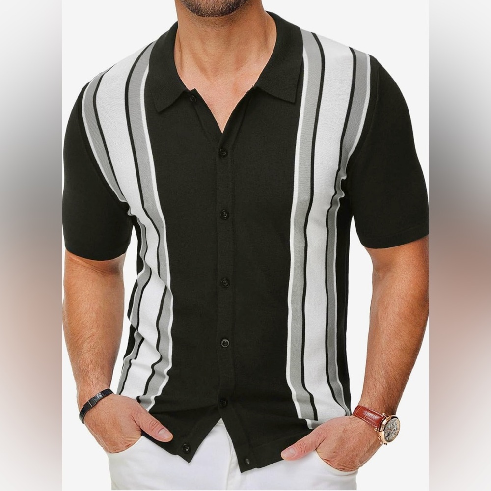 PJ Paul Jones Men’s Polo Shirt Vintage Striped Lightweight Black and White Shirt